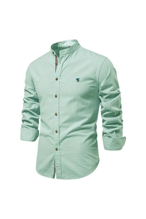Mens Casual Long Sleeve Cotton Shirts Banded Collar Button Down Solid Color Dress Shirts Regular Fit Fall Spring Tops