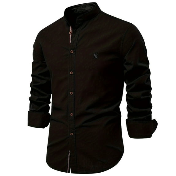 ohmzyzo Mens Casual Long Sleeve Cotton Shirts Banded Collar Button Down Solid Color Dress Shirts Regular Fit Fall Spring Tops