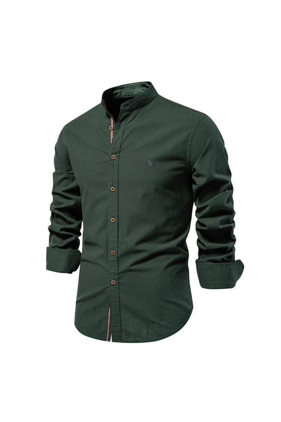 Mens Casual Long Sleeve Cotton Shirts Banded Collar Button Down Solid Color Dress Shirts Regular Fit Fall Spring Tops