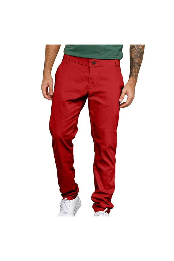 Mens Chinos Slim Fit Pants Flat Front Stretch Skinny Tapered Dress Pants Comfort Casual Solid Color Trousers with Pockets Red M