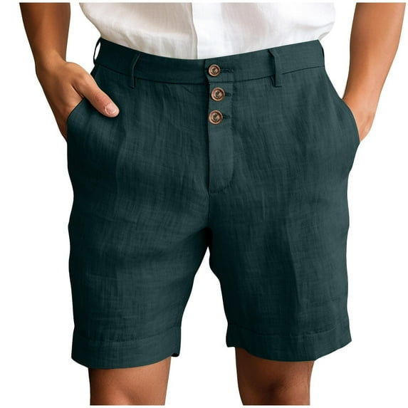 ohmzyzo Mens Cotton Linen Shorts Dressy Casual Work Waist Button Shorts Casual Summer Lightweight Golf Shorts with Pockets