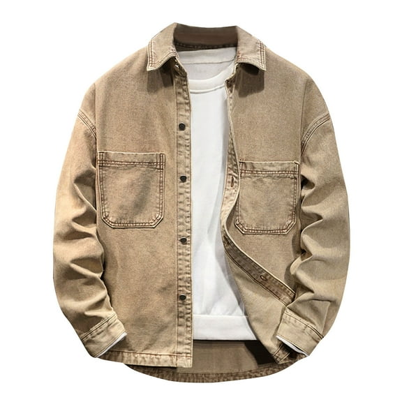 ohmzyzo Mens Denim Jacket Washed Ripped Flex Stretch Coats Casual Trucker Biker Jeans Jacket for Men with Pockets Khaki M