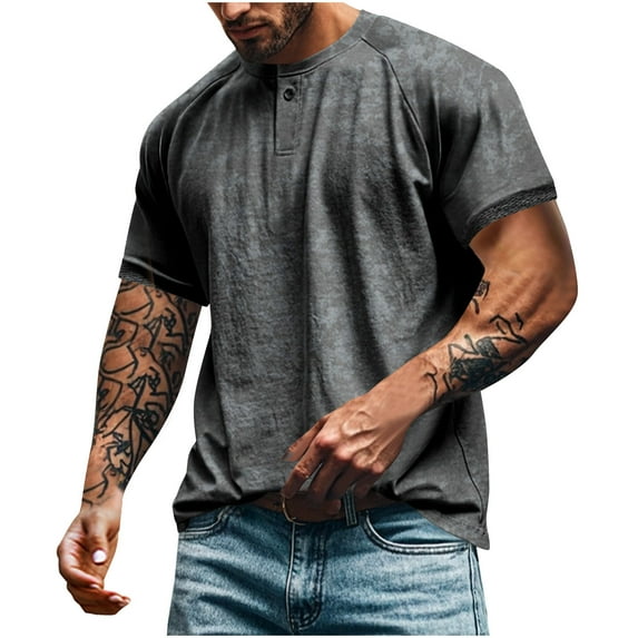 ohmzyzo Mens Distressed Henley Shirts Vintage Washed Short Sleeve Crewneck Button Up Beach T Shirts Workout Running Shirt