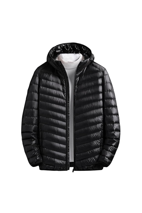 Mens Down Jackets Quilted Lightweight Packable Padding Coats Regular Fit Full Zip Up Hooded Jackets Casual Solid Color Tops M