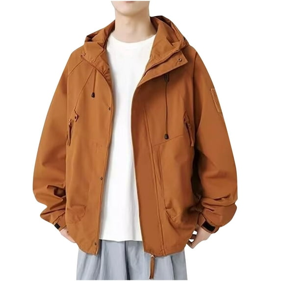 ohmzyzo Mens Drawstring Hooded Windbreaker Jackets Casual Lightweight Thin Fall Coat Outdoor Hiking Travel Sport Jacket Khaki L