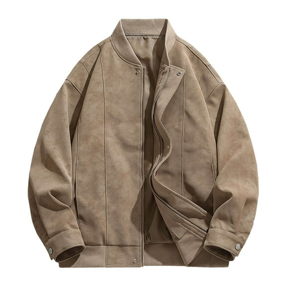 ohmzyzo Mens Faux Leather Bomber Jackets Classic Style Motorcycle Jackets Full Zip Turndown Collar Coats Windproof Patchwork Outerwear Khaki L