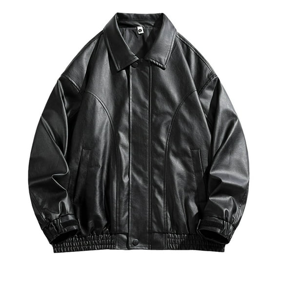 ohmzyzo Mens Faux Leather Bomber Jackets Classic Style Motorcycle Jackets Full Zip Turndown Collar Coats Windproof Patchwork Outerwear L
