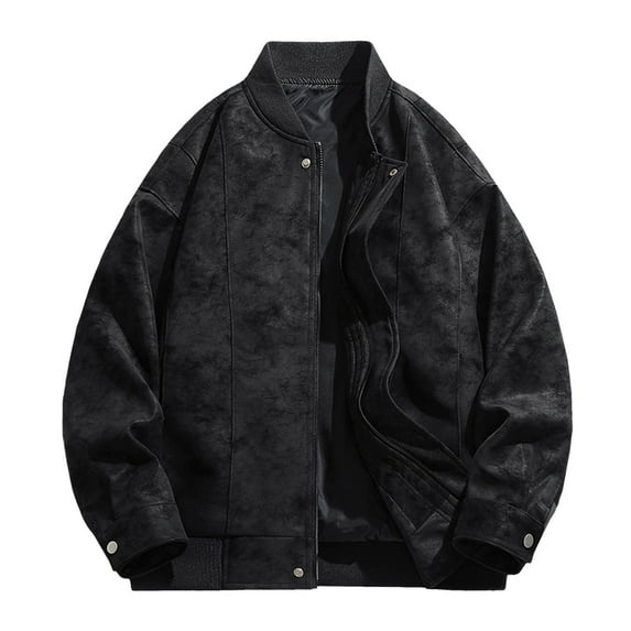 ohmzyzo Mens Faux Leather Bomber Jackets Classic Style Motorcycle Jackets Full Zip Turndown Collar Coats Windproof Patchwork Outerwear M