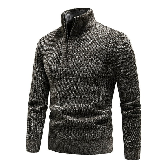ohmzyzo Mens Fleece Lined Knit Sweaters Quarter Zipper Stand Collar Sweater Long Sleeve Winter Warm Pullover Tops Coffee 3XL