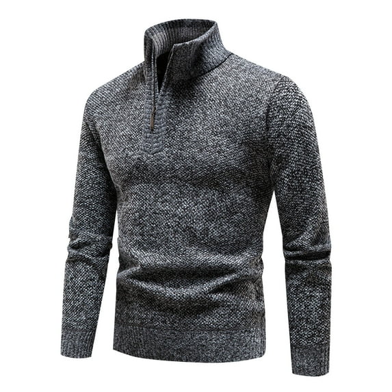 ohmzyzo Mens Fleece Lined Knit Sweaters Quarter Zipper Stand Collar Sweater Long Sleeve Winter Warm Pullover Tops Dark Gray L