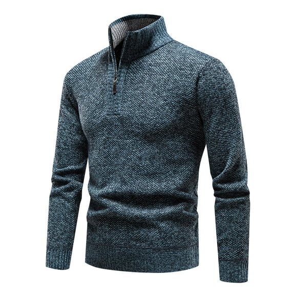 ohmzyzo Mens Fleece Lined Knit Sweaters Quarter Zipper Stand Collar Sweater Long Sleeve Winter Warm Pullover Tops Navy Blue L