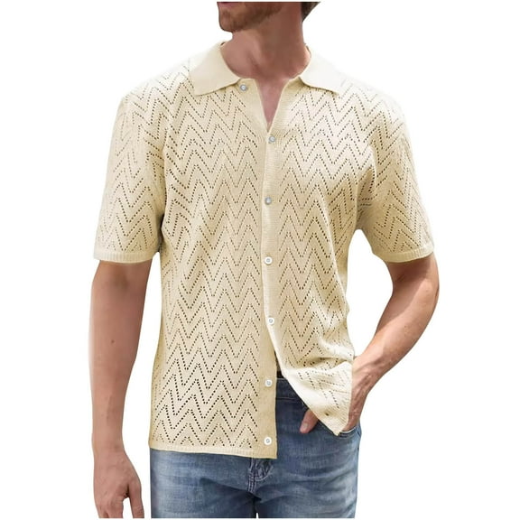 ohmzyzo Mens Floral Lace Shirts Breathable Short Sleeve Hollow Out Blouse Tees Sheer See Through Casual Button Down Tops Summer Beach Tees Beige S