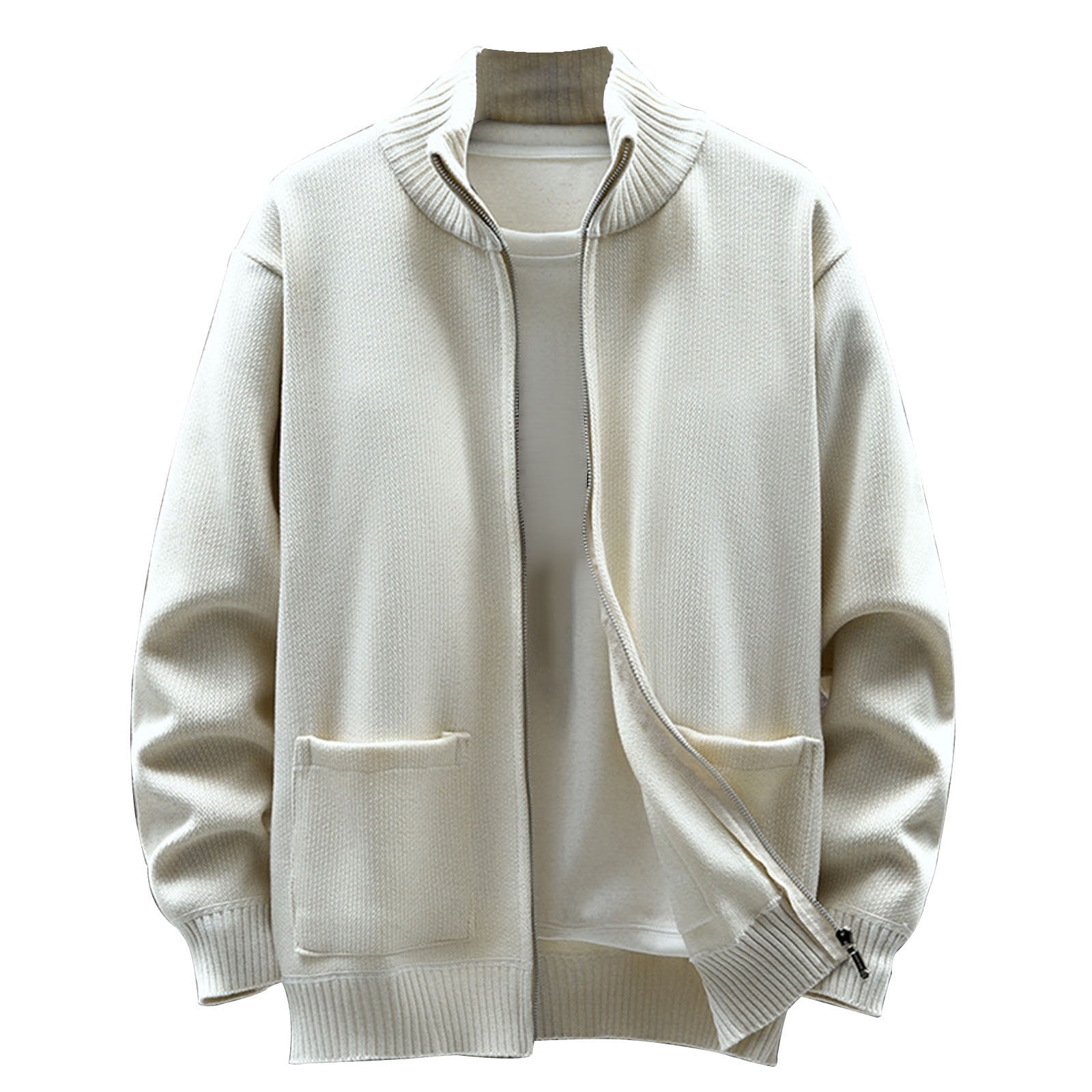 ohmzyzo Mens Full Zip Cardigan Sweater Loose Fit Stand Collar Zip