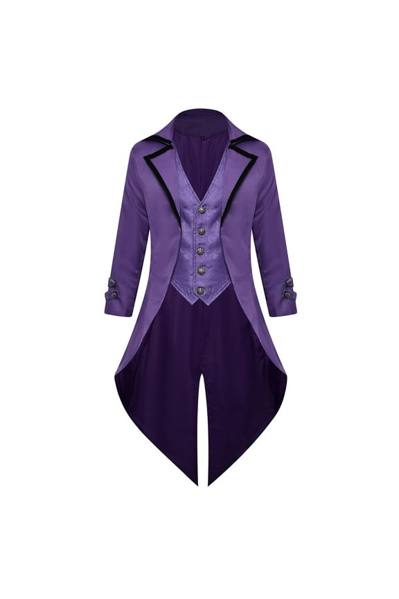 Mens Gothic Tailcoat Jackets Vintage Steampunk Button Down Long Coats Notched Collar Slim Fit Costumes Solid Color Overcoats Purple M