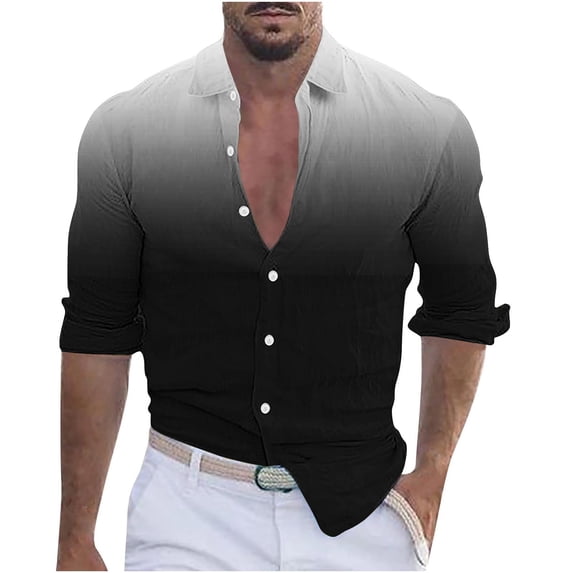ohmzyzo Mens Gradient Linen Henley Shirts Long Sleeve Casual Button Down Tops Lapel Collar Outdoor Top Regular Fit Beach Summer T Shirts 4XL