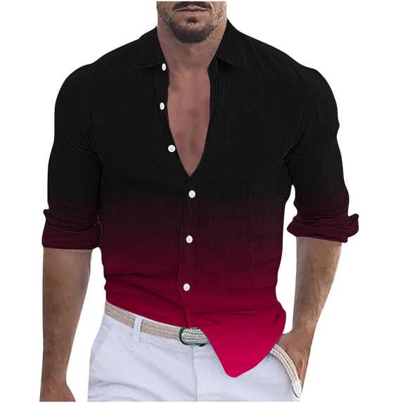 ohmzyzo Mens Gradient Linen Henley Shirts Long Sleeve Casual Button Down Tops Lapel Collar Outdoor Top Regular Fit Beach Summer T Shirts Red 5XL