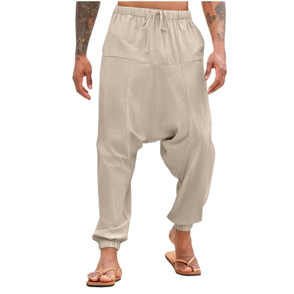 ohmzyzo Mens Harem Pants Baggy Casual Cotton Linen Boho Yoga Trousers Drop Crotch Hippie Trousers Solid Color Joggers Pants Khaki Khaki