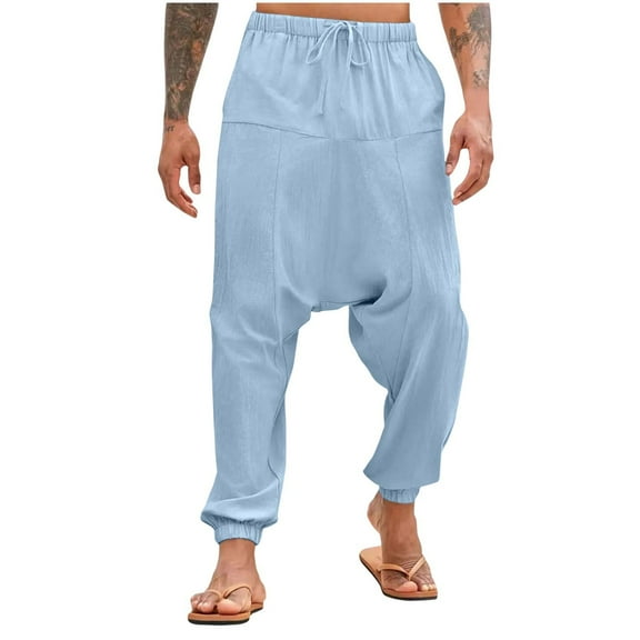 ohmzyzo Mens Harem Pants Baggy Casual Cotton Linen Boho Yoga Trousers Drop Crotch Hippie Trousers Solid Color Joggers Pants Sky Blue Sky Blue