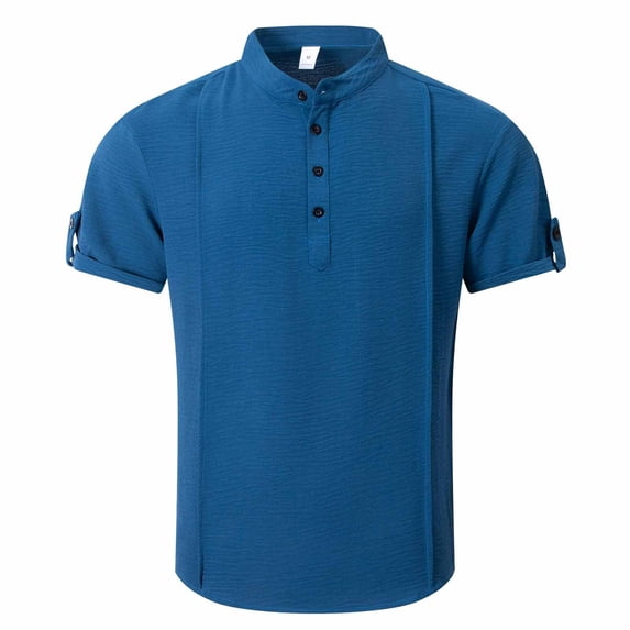 ohmzyzo Mens Henley Short Sleeve Shirts Casual Lightweight Beach Shirts Collarless Button Tops Hippie Summer Clothes Blue S