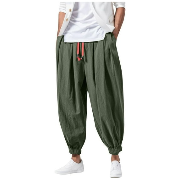 ohmzyzo Mens Hip Hop Harem Pants Fashion Solid Color Oversized Tapered Pants Casual Comfy Elastic Drawstring Baggy Trouser Army Green Army Green