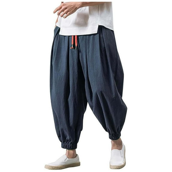 ohmzyzo Mens Hip Hop Harem Pants Fashion Solid Color Oversized Tapered Pants Casual Comfy Elastic Drawstring Baggy Trouser Navy Blue Navy Blue