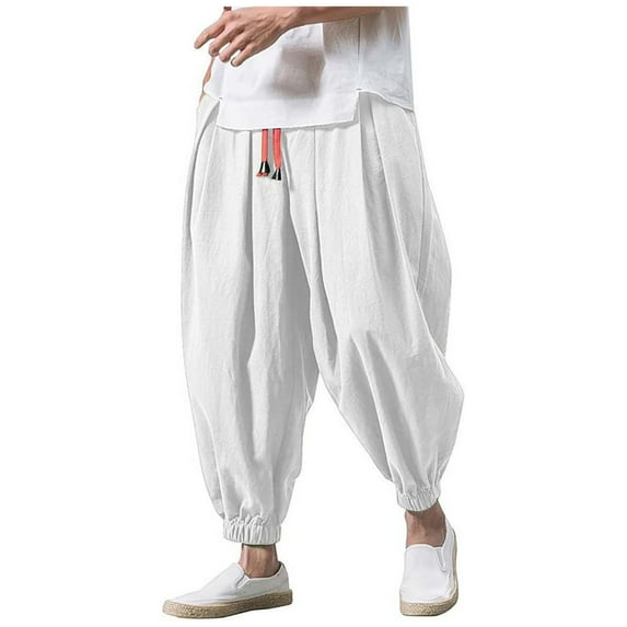 ohmzyzo Mens Hip Hop Harem Pants Fashion Solid Color Oversized Tapered Pants Casual Comfy Elastic Drawstring Baggy Trouser White