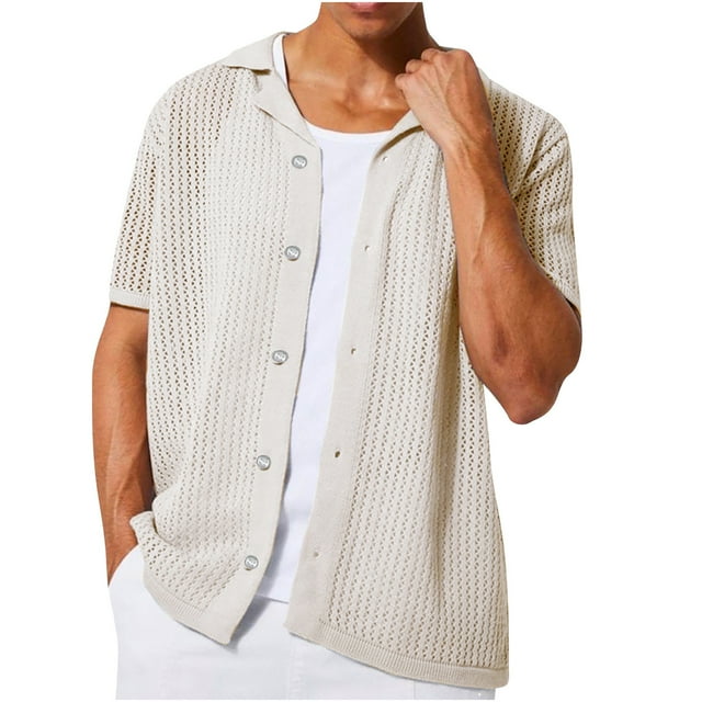 ohmzyzo Mens Hollow Out Cardigan Tops Short Sleeve Button Up Shirts Spread Collar Solid Color Summer T Shirt Breathable Tropical Beach Tees L