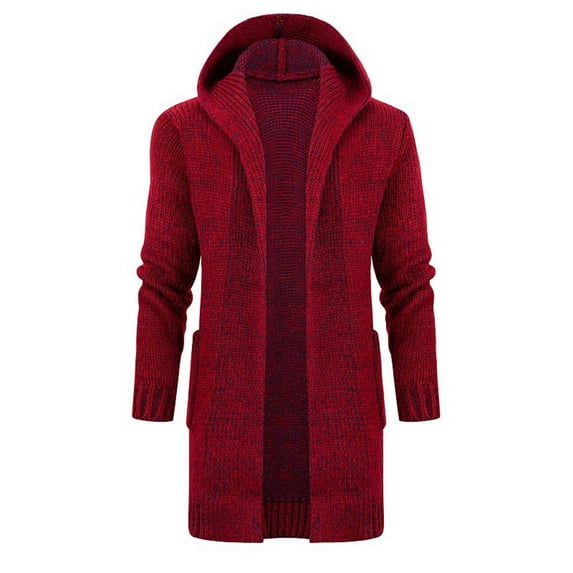ohmzyzo Mens Hooded Sweater Coat Single Breasted Thermal Winter Trench Jacket Overcoat Classic Fit Long Sleeve Knitwear Peacoat With Pockets Wine Red XXL