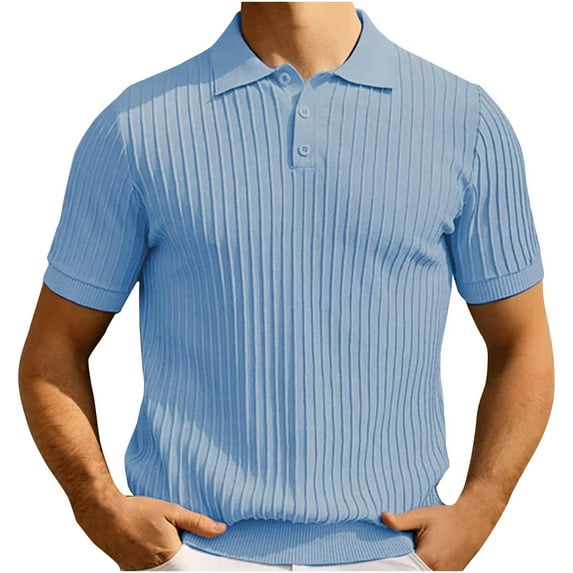 ohmzyzo Mens Knit Polo Shirts Ribbed Short Sleeve Regular Fit Golf Shirts Breathable Solid Color Blouse Tees Casual Button Down Lapel Tee Tops Blue L