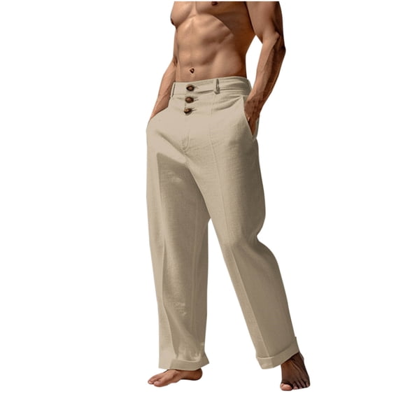 ohmzyzo Mens Linen Casual Pants Lightweight Drawstring Beach Pants Button Decoration Elastic Waist Yoga Summer Trousers with Pockets Beige S