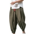 thumbnail image 1 of ohmzyzo Mens Linen Harem Pants Baggy Boho Sports Pants Loose Fit Casual Drop Crotch Trousers Drawstring Waist Sweatpants with Pockets Army Green M, 1 of 4