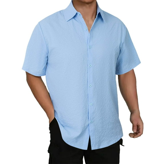 ohmzyzo Mens Linen Shirts Causal Short Sleeve Button Down Shirts Summer Lapel Collar Beach Vacation Business Shirt