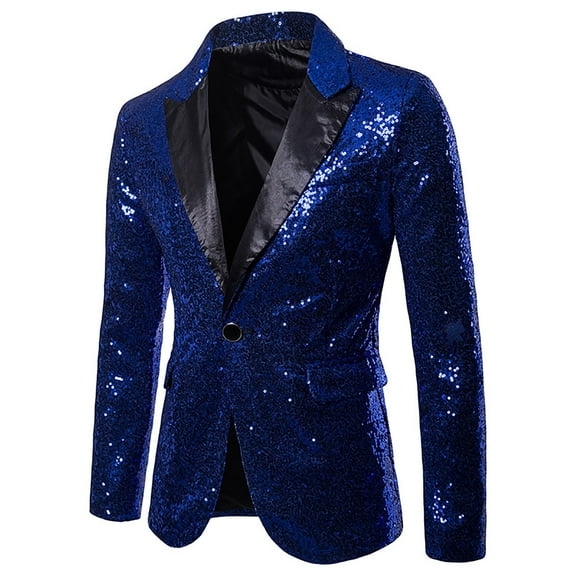 ohmzyzo Mens One Button Sequin Suit Jackets Party Tuxedo Sport Coats Turndown Collar Dress Tops Casual Solid Color Prom Stage Coats Blue M