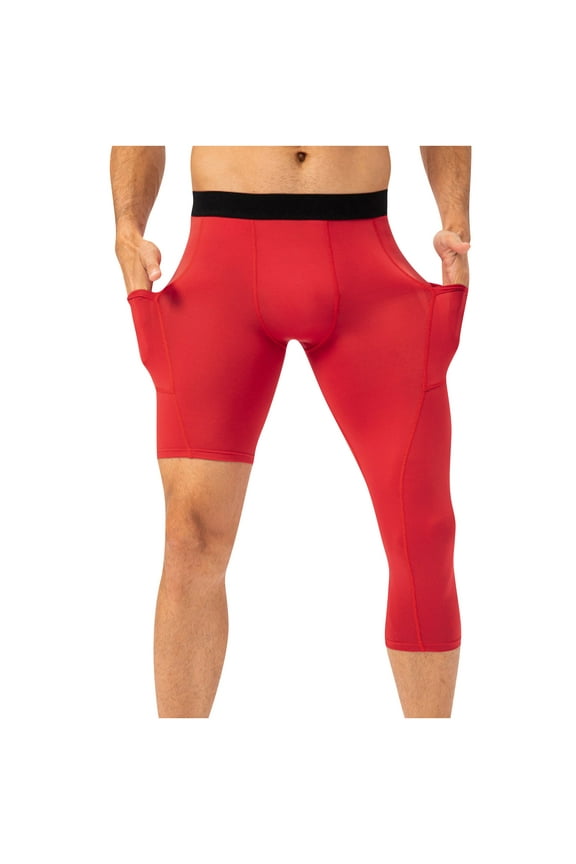 Mens One Leg Compression Tights for Basketball Gym Sport Leggings 3/4 Compression Pants with Pockets