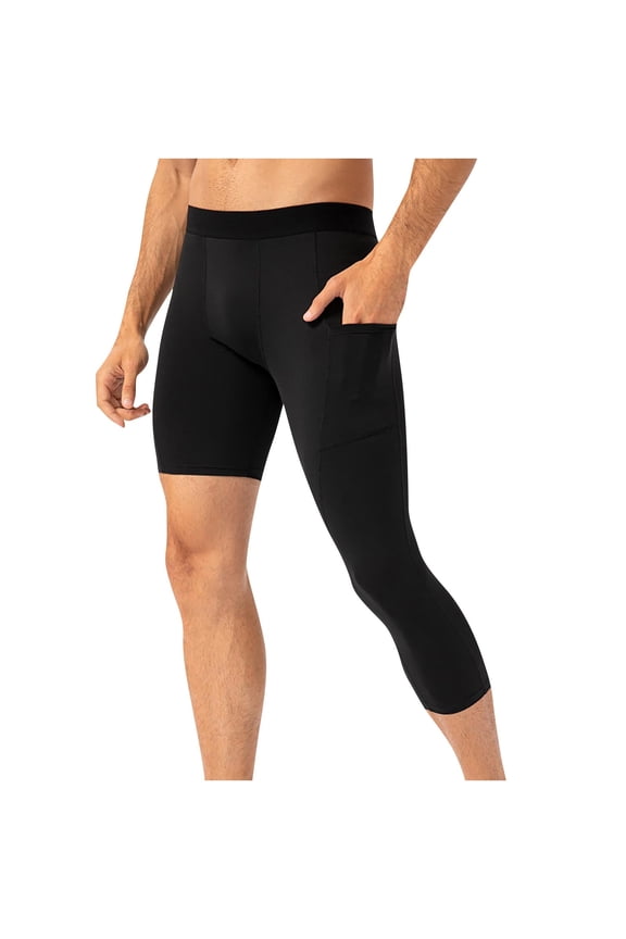 Mens One Leg Compression Tights for Basketball Gym Sport Leggings 3/4 Compression Pants with Pockets