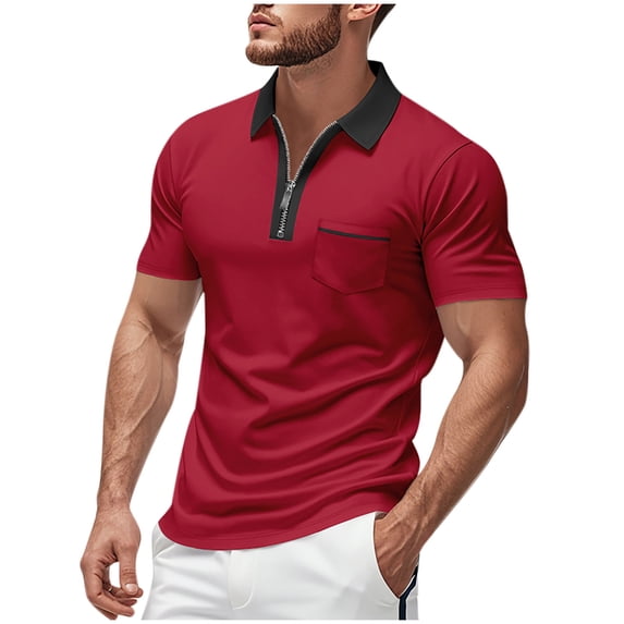 ohmzyzo Mens Polo Shirts Quarter Zip Short Sleeve Shirts Casual Classic Lightweight Golf Collared Shirt with Pocket Wine Red S