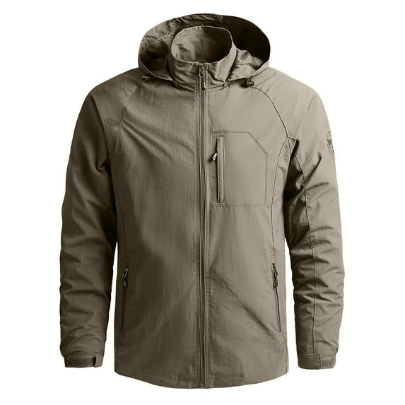 ohmzyzo Mens Rain Jackets Waterproof Lightweight Packable Shell Jackets Full Zipper Hooded Outerwear for Hiking Travel Outdoor Khaki XL