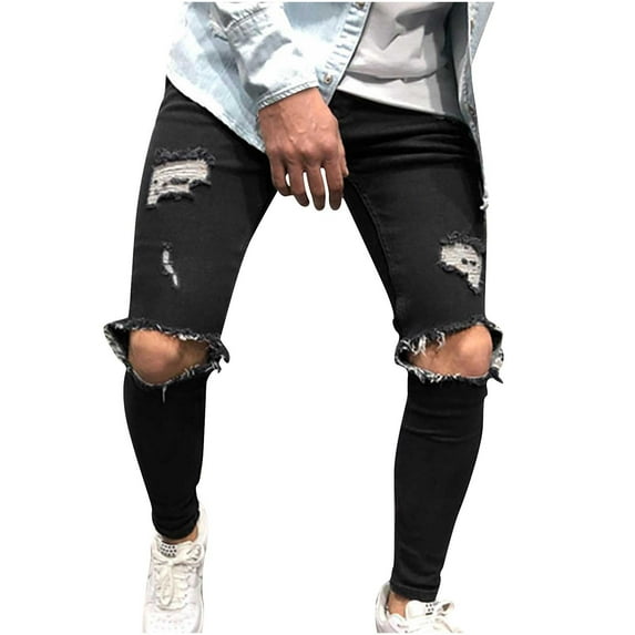 ohmzyzo Mens Ripped Skinny Jeans Slim Fit Stretch Pants for Men Casual Tapered Leg Trousers Daily Outdoor Solid Color Pants with Pockets XL