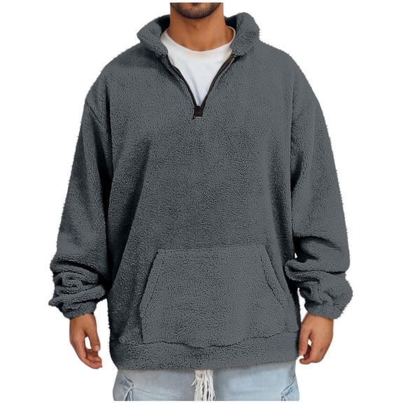 ohmzyzo Mens Sherpa Fleece Sweatshirt Quarter Zip Long Sleeve Pullover Tops Casual Solid Color Winter Warm Hoodies Dark Gray 3XL
