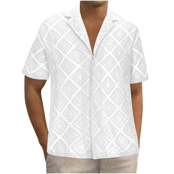ohmzyzo Mens Short Sleeve Button Down Shirts Casual Summer Beach Hollow Out Tropical Shirts