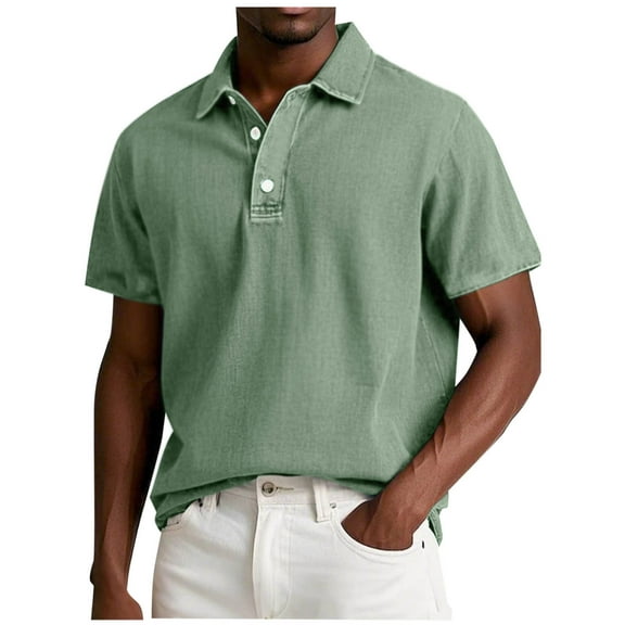 ohmzyzo Mens Short Sleeve Shirts Vintage Washed and Distressed Pure Cotton Lapel Polo Shirt Green 5XL