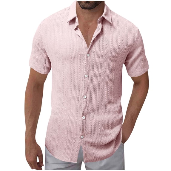 ohmzyzo Mens Summer Textured Shirts Casual Short Sleeve Button Down Shirt Beach Vacation Tops