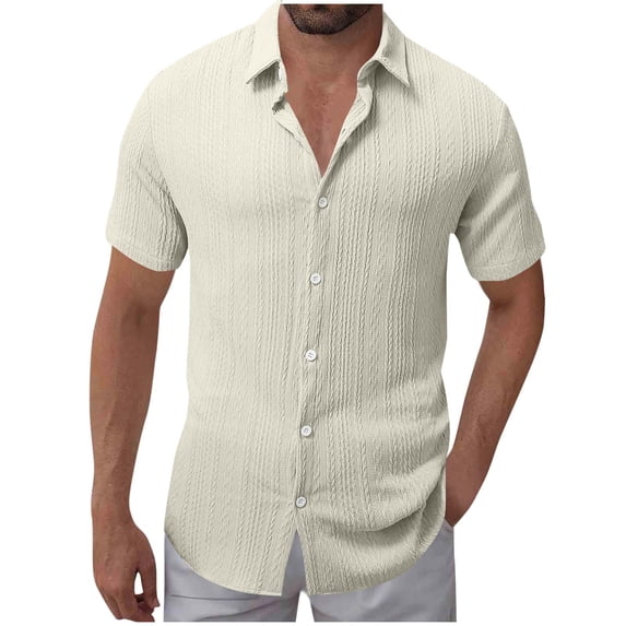 ohmzyzo Mens Summer Textured Shirts Casual Short Sleeve Button Down Shirt Beach Vacation Tops