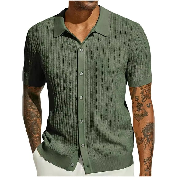 ohmzyzo Mens Textured Knit Shirts Lightweight Short Sleeve Button Down T-Shirts Casual Work Dress Business Blouses Summer Trendy Outfits Clothes Army Green L