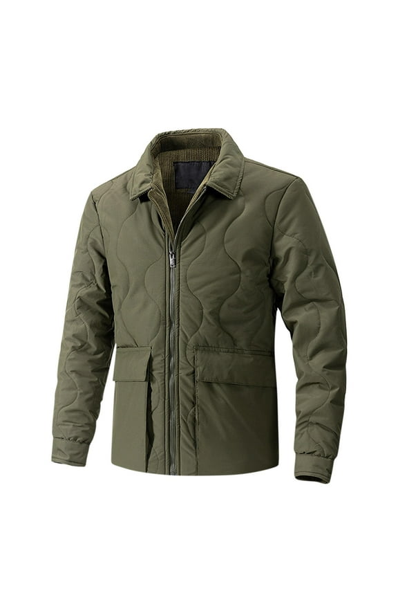 Mens Thickened Coats Zip Long Sleeve Bomber Jackets Casual Lapel Thermal Solid Color Coats Fall Winter Outdoor Hoodless Outerwear Army Green XL