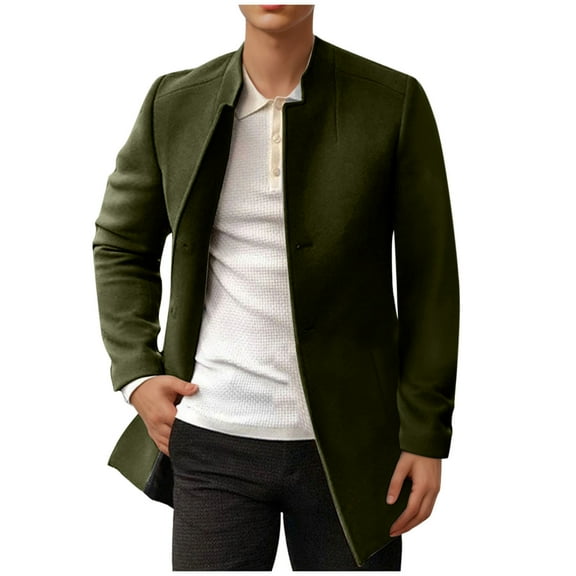 ohmzyzo Mens Trench Coats Slim Fit Stand Collar Fall Winter Overcoats Single Breasted Button Pea Coats Warm Soft Tops with Pockets Army Green M