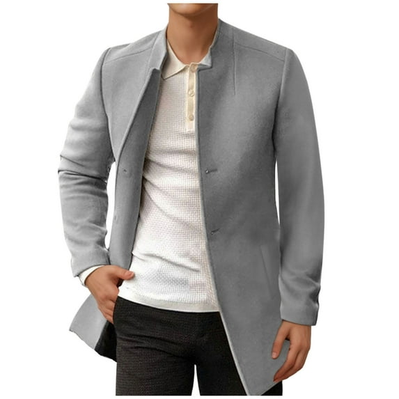 ohmzyzo Mens Trench Coats Slim Fit Stand Collar Fall Winter Overcoats Single Breasted Button Pea Coats Warm Soft Tops with Pockets Gray 3XL