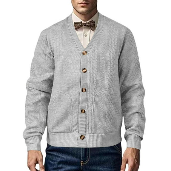 ohmzyzo Mens V Neck Cardigan Sweaters Loose Fit Button Down Cable Knitted Coats Casual Long Sleeve Thermal Fall Winter Tops with Pockets Gray 3XL