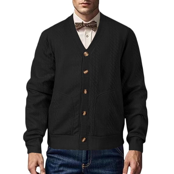 ohmzyzo Mens V Neck Cardigan Sweaters Loose Fit Button Down Cable Knitted Coats Casual Long Sleeve Thermal Fall Winter Tops with Pockets M