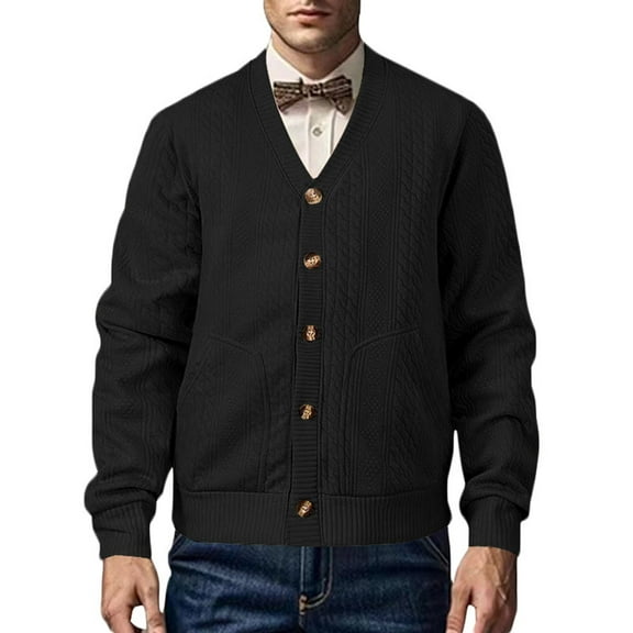 ohmzyzo Mens V Neck Cardigan Sweaters Loose Fit Button Down Cable Knitted Coats Casual Long Sleeve Thermal Fall Winter Tops with Pockets XXL